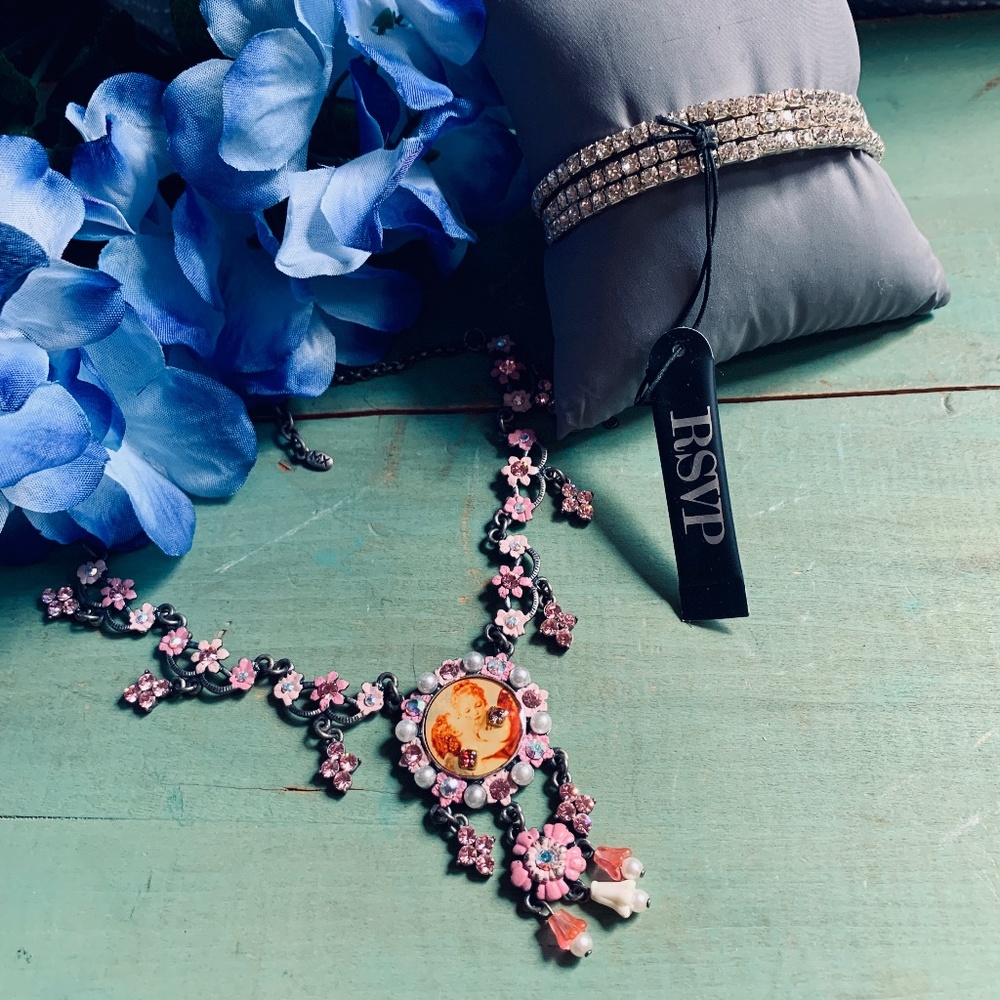 🌷MX Victorian Inspired Pink Floral Wedding Necklace + RSVP Crystal Bracelet NWT